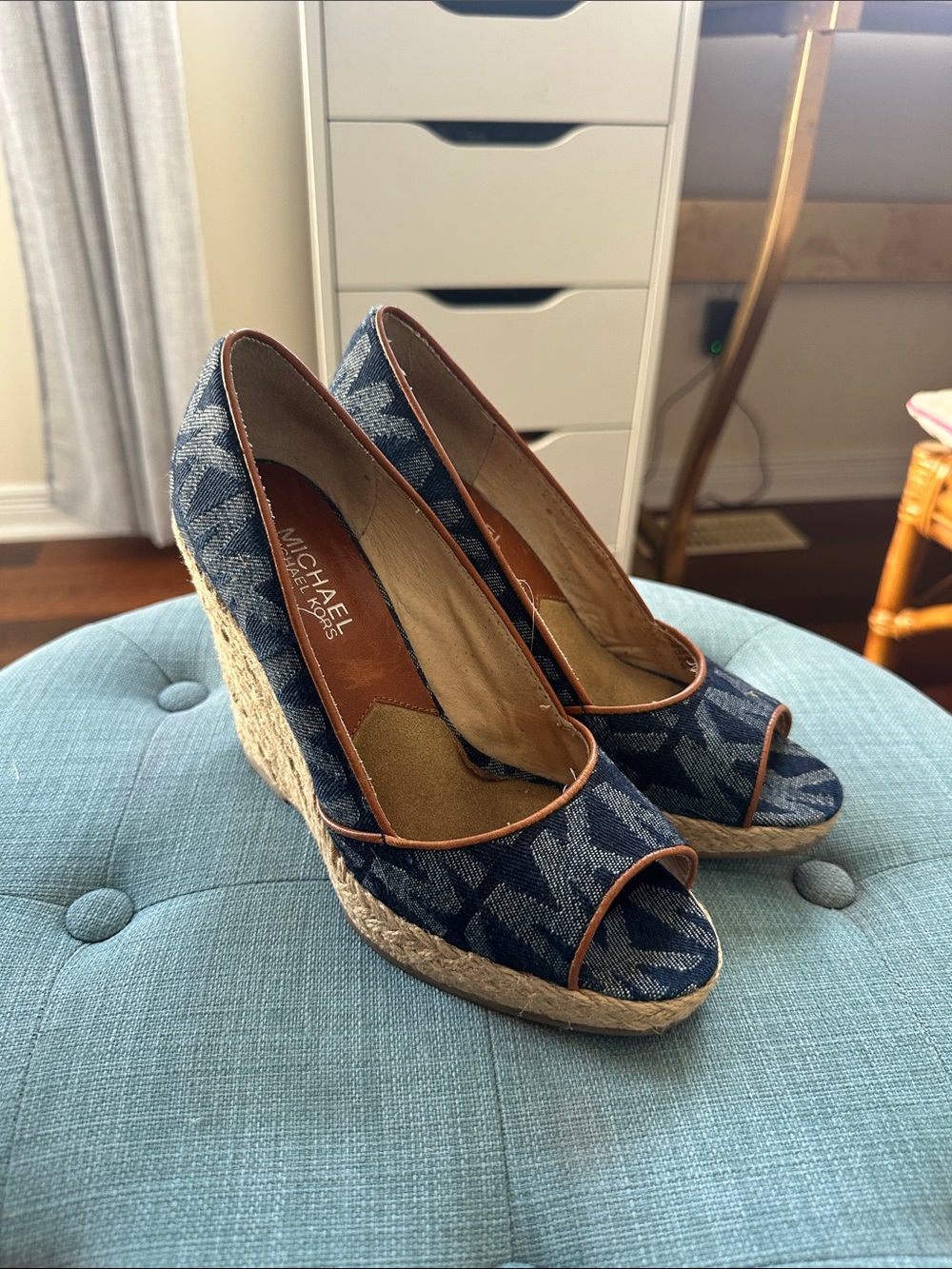 MICHAEL Michael Kors Denim Logo Peep-Toe Wedge Espadrilles with Tan Trim